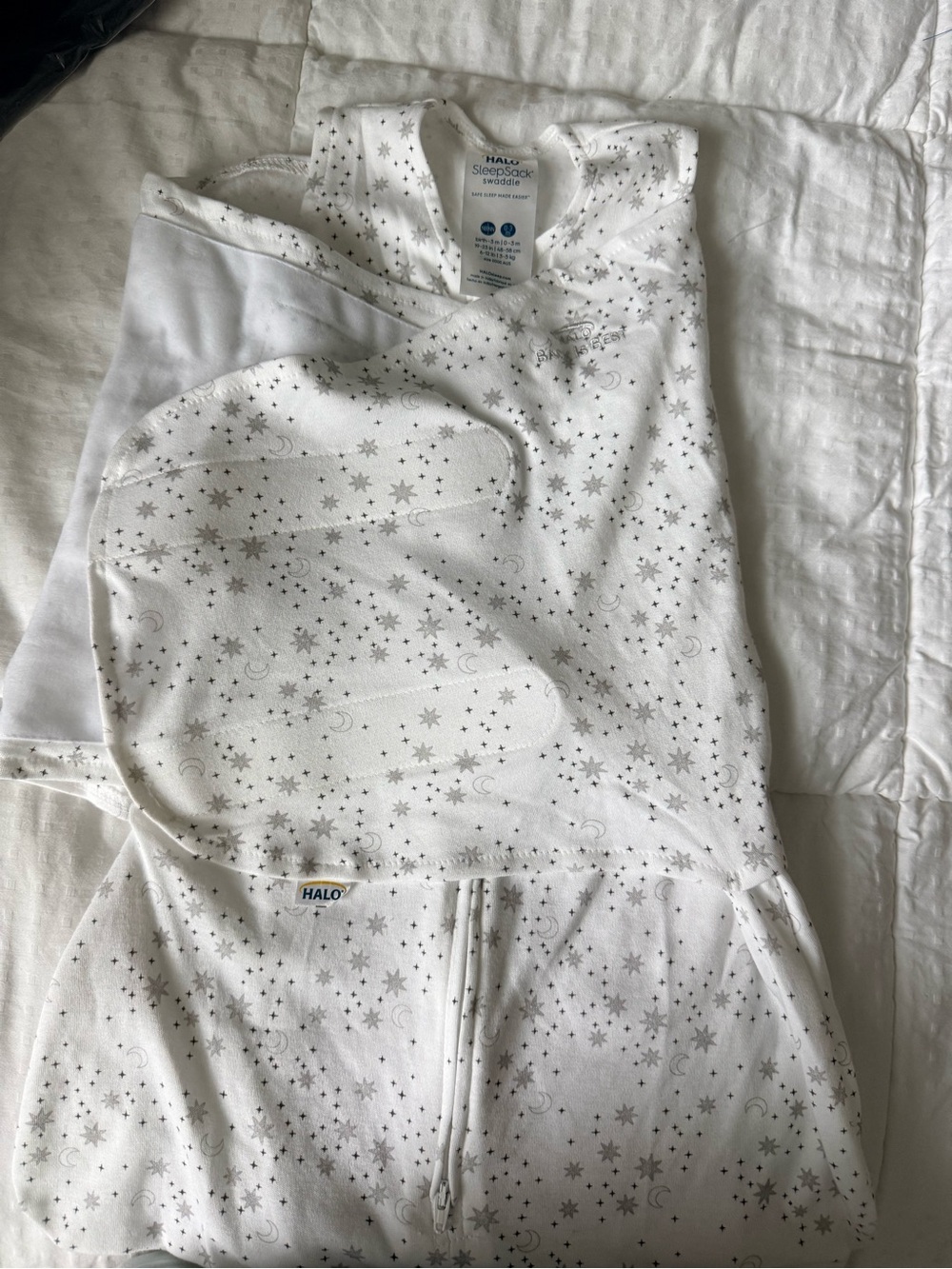 Halo SleepSack Swaddle in White with Silver Star Print